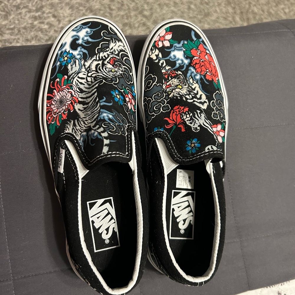 Vans Black Slip-On with Tiger and Floral Art